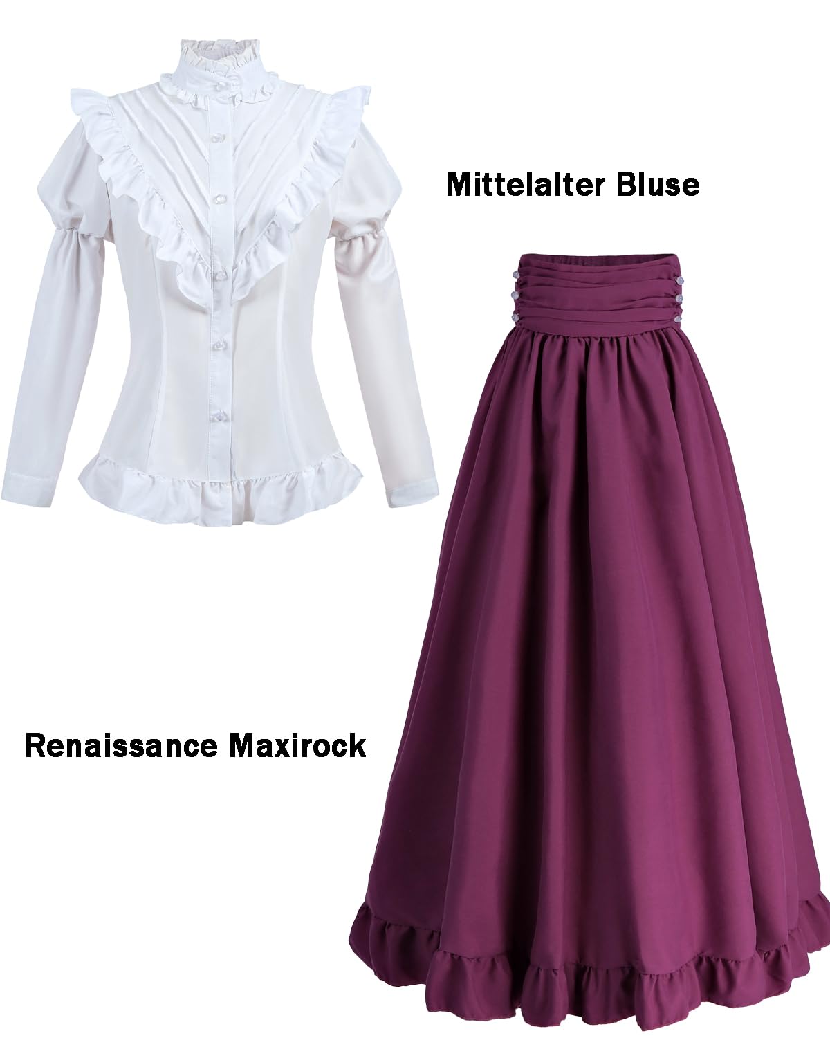 Fiamll Vêtements médiévaux pour femme - Robe de Renaissance médiévale - 2 pièces avec chemisier et jupes