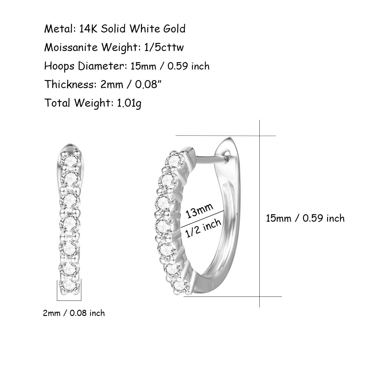 Orecchini a Cerchio Piccole in Oro Bianco/Giallo 14 Carati (585) con Gemma Moissanite Gioielli Regalo per Donna Signore Ragazze - Dimensioni: 15 * 13 mm