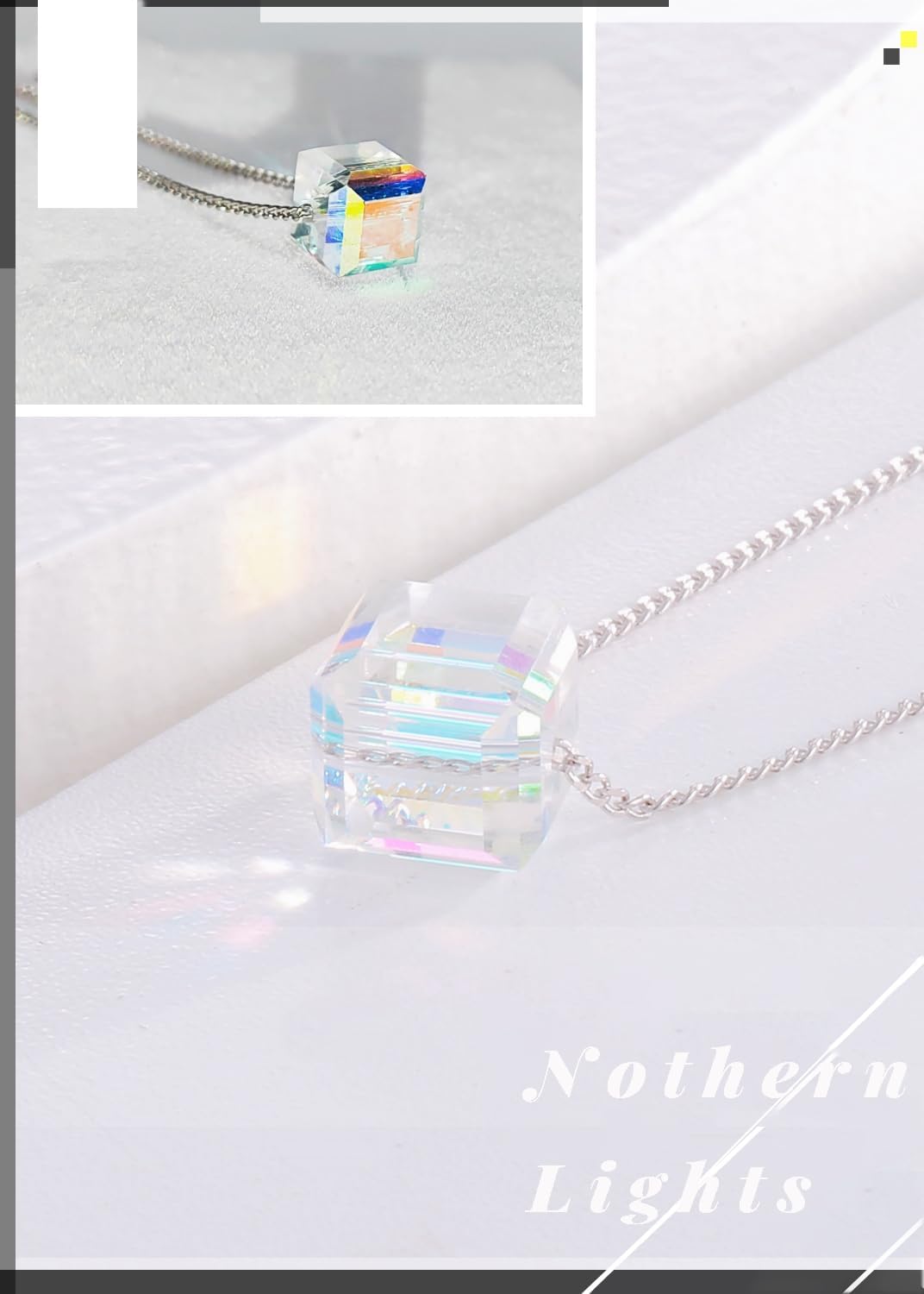 PLATO H Aurora Crystal Necklace in S925 Sterling Silver Women's Cube Pendant Necklace Unique Jewelry Gifts Box for Valentines Mom Gifts for Her Christmas - Image 2