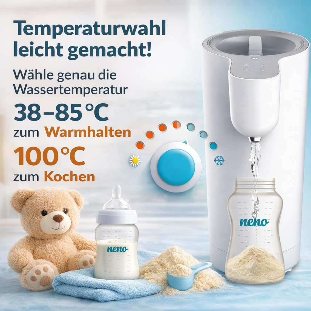 Neno Aqua Flaschenzubereiter Baby - Wasserwärmer für Unterwegs - Wasserkocher Babynahrung - Heißwasserspender zur Zubereitung von Babymilch - Wasserspender für Babyflaschen