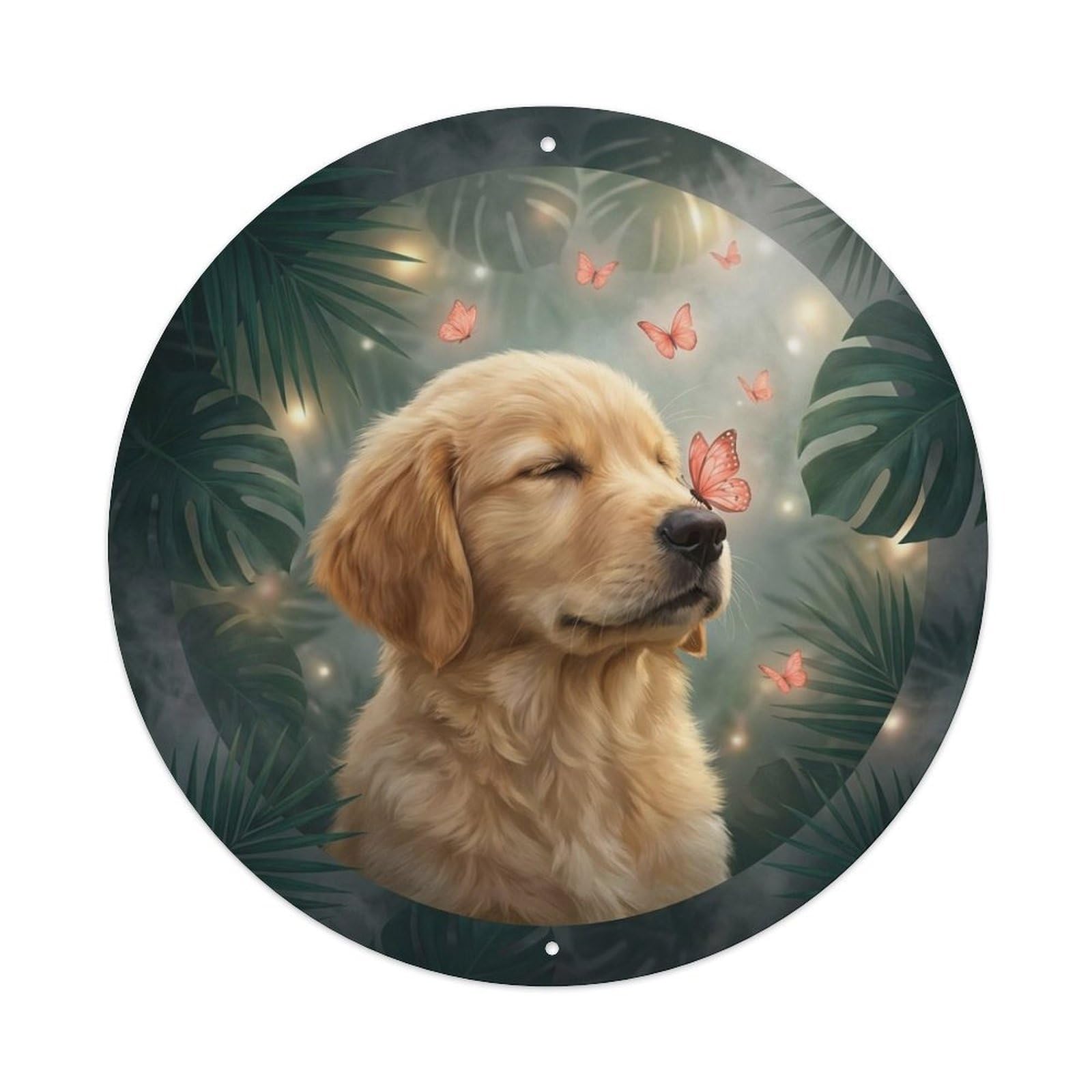 Coral Butterfly Golden Retriever Puppy Kawaii Pet Dreamy Metal Tin Sign Plaque Wall Decor for Cafe, Man Cave, Club Bar, Office, Home Garden Round Metal Poster 8x8Inch