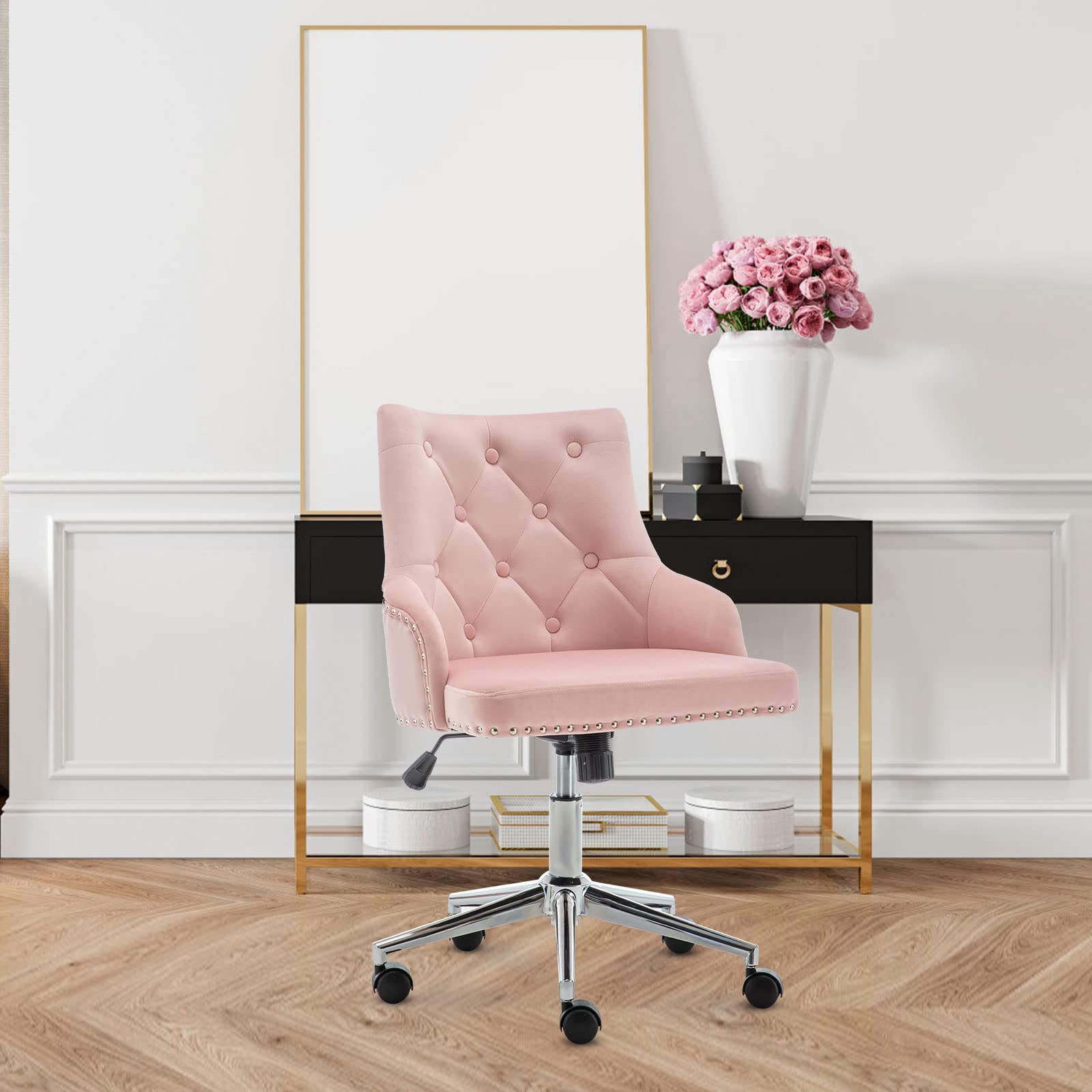 Hironpal PInk Crushed Velvet Fabric Home Office Chair Swivel High