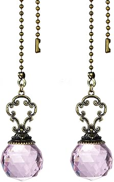 Set of 2 Vintage-Style Pink Fan Pull Ceiling Fan Chain Pulls Crystal Prism Ball 12inch Chains for Home Decor