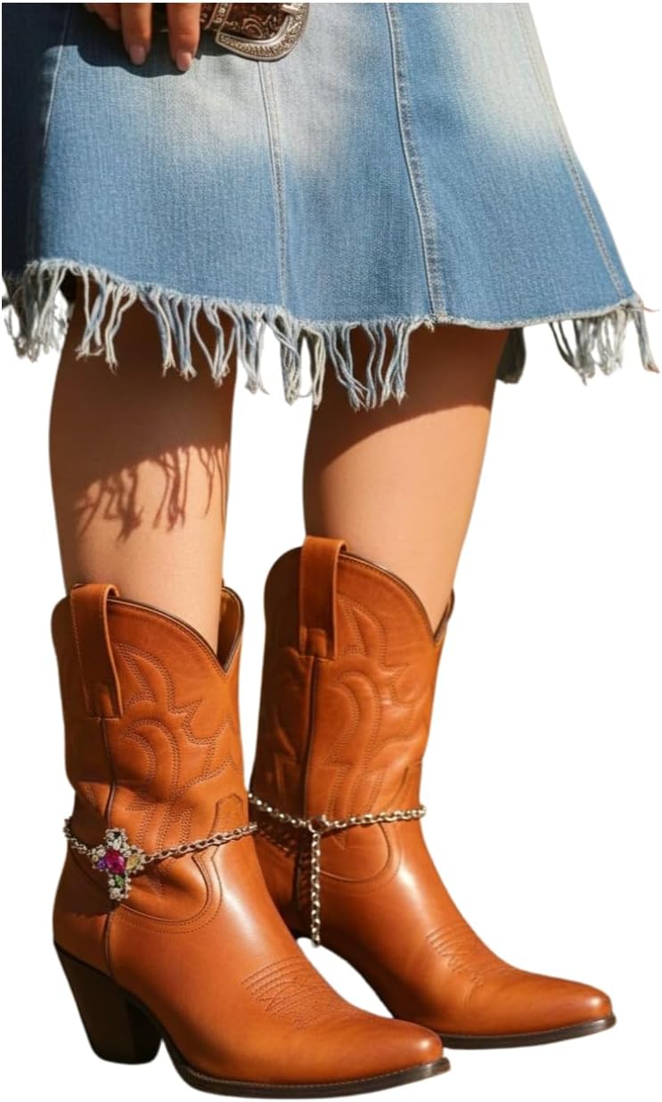 TrendyFashionJewelry Women Western Boot Chain Metal Bling Bracelet Colorful Cross Anklet Shoe Charm Silver Color BC110