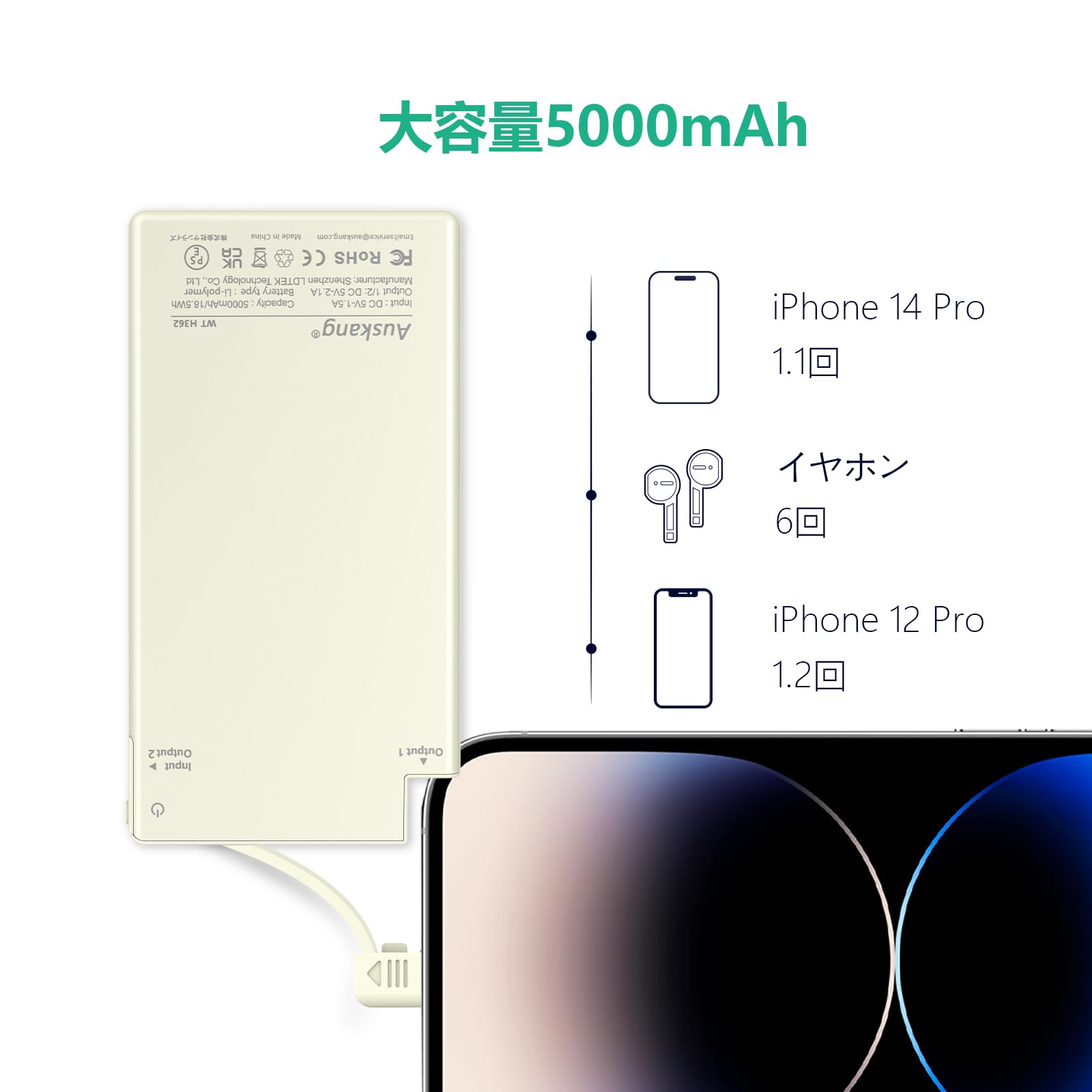 Amazon | Auskang モバイルバッテリー 軽量 iPhone 14/13/12/iPhone SE