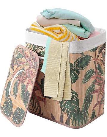 USHA SHRIRAM Foldable Bamboo Laundry Basket With Lid | Sustainable &amp; Eco-Friendly | Travel Essential | Printed Laundry Basket | Easy To Carry | Color Natural (60 L) (1 Pcs, Rectangular)