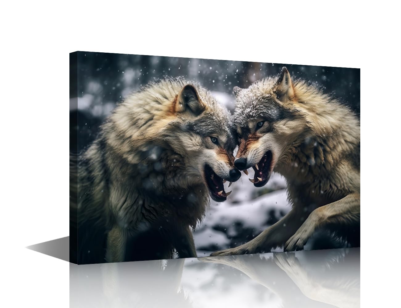 Gray Wolves Framed Wall Art Wild Animal Canvas Art Wall Decor Wolves Fighting in Snow Wall Art for Living Room Modern Home Decor Pictures Posters Stretched and Framed Ready to Hang (24"Wx36"H)