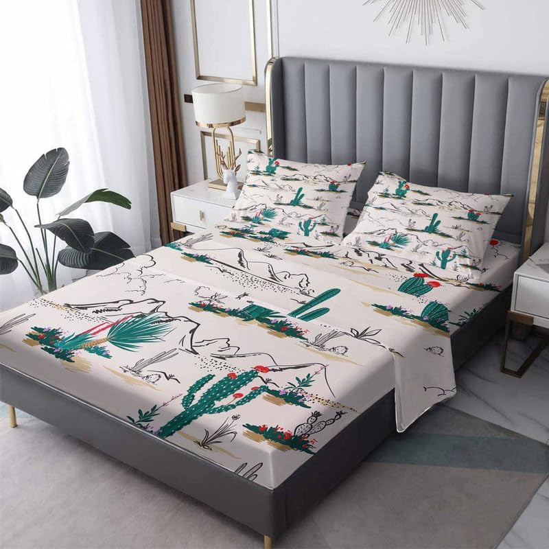 Miniatura 4 de Sábanas de cactus tamaño Queen  Sábanas de paisaje de 4 piezas y bolsillo profundo de 16 pulgadas, sábanas de microfibra suave de 600 hilos sin