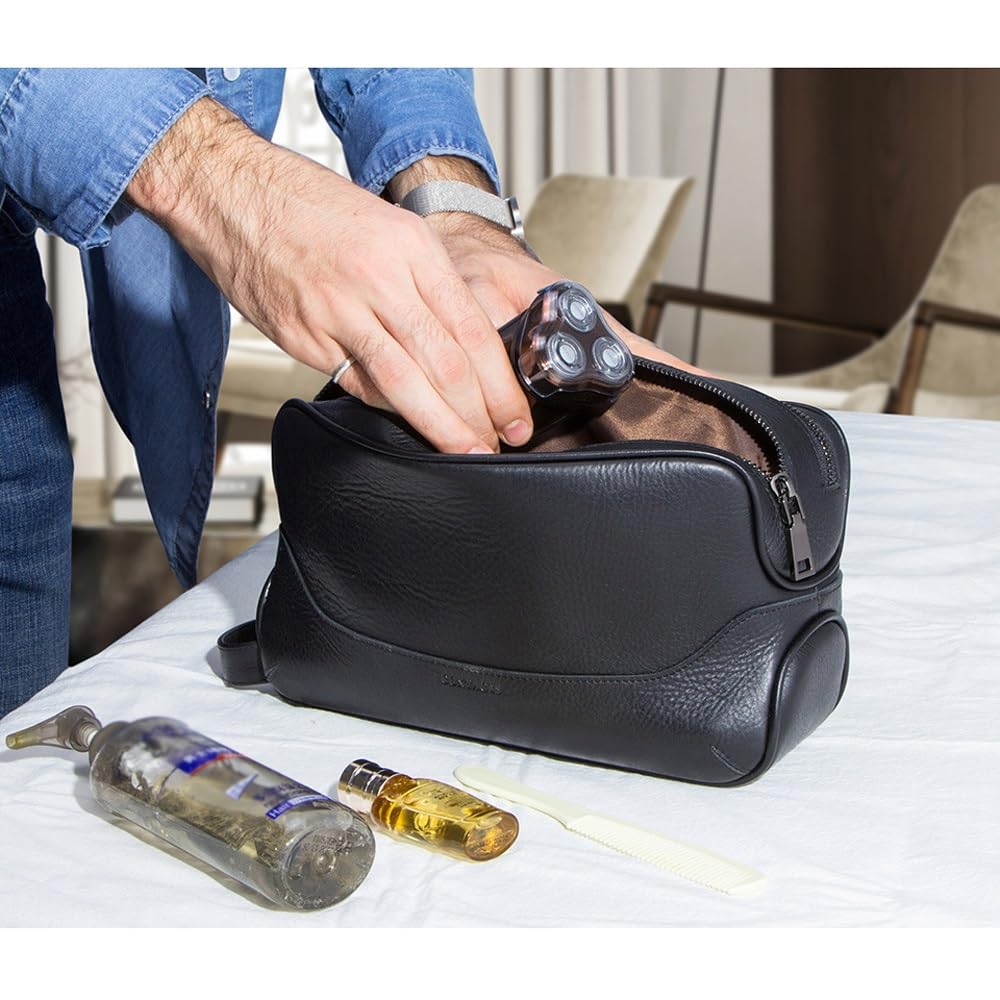 Kulturbeutel für Herren, Leder-Rasiertasche für Herren, Leder-Kulturbeutel, Leder-Kulturbeutel für Herren, Kulturbeutel, Reise-Kulturbeutel, Hygiene- und Pflegeset, Schwarz