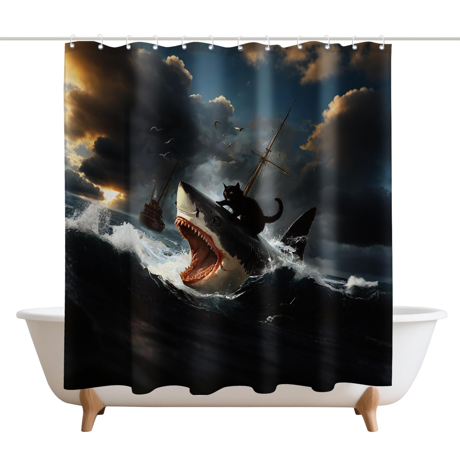 XMWYTJ Funny Black Cat Shower Curtains Abstract Quirky Cat and Shark Barn Door Decor Polyester Fabric Waterproof Bathroom Curtains Set with 12 Hooks,71 X 71 Inches