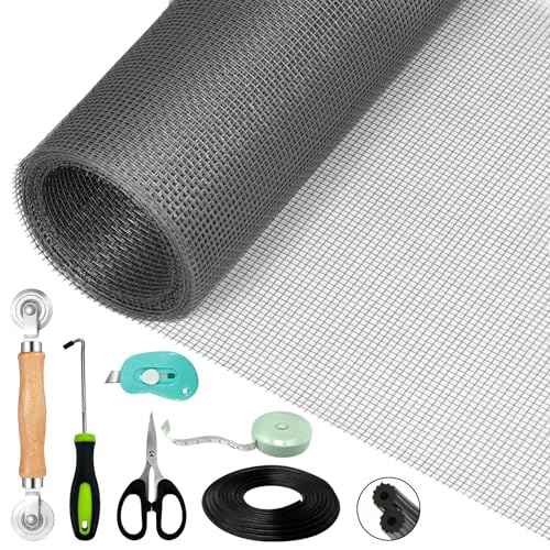 VTSHENY Fliegengitter Reparatur Set,Fliegengitter für Fenster (300 x 120cm - Grau),Fliegennetz&Mückennetz für Fenster mit 10Mx5mm Kederband/Doppelrad Dichtungseinroller/Kleines Messer/Haken/Maßstab