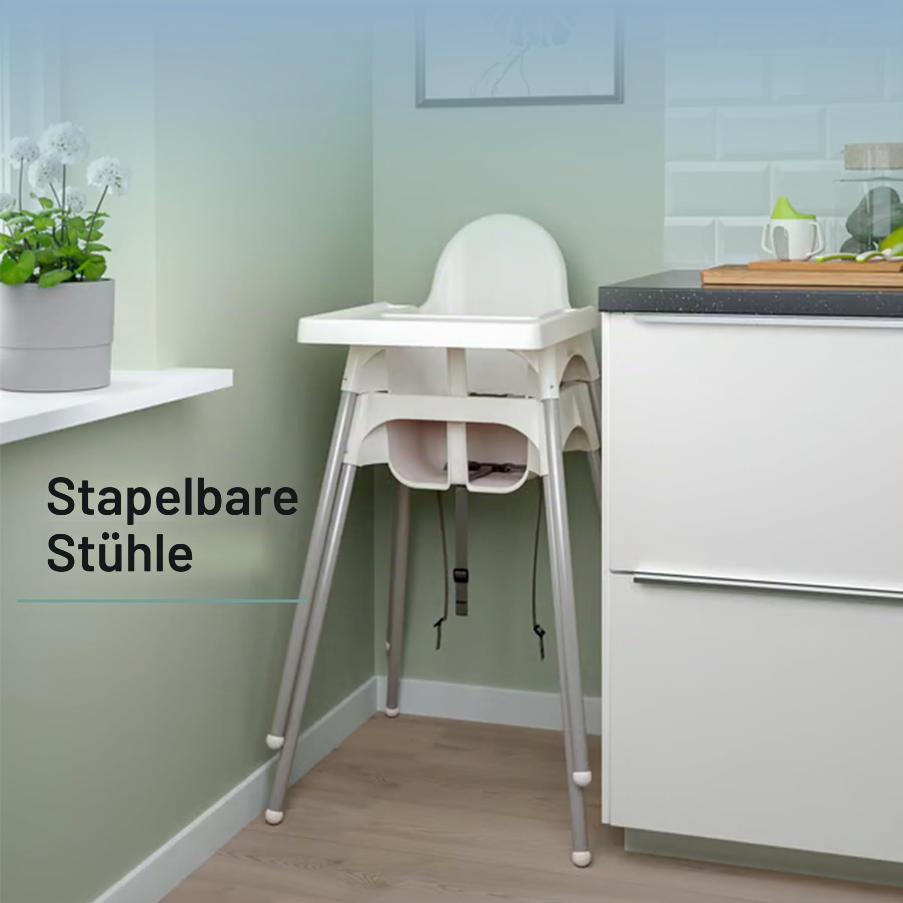 Premium Hochstuhl für Babys mit Abnehmbarem Tablett – Stapelbarer, Zerlegbarer Kinderhochstuhl · Stahlbeine · Sicherheitsgurt · Für Haushalt und Gastronomie · Kompatibel mit Ikea Antilop