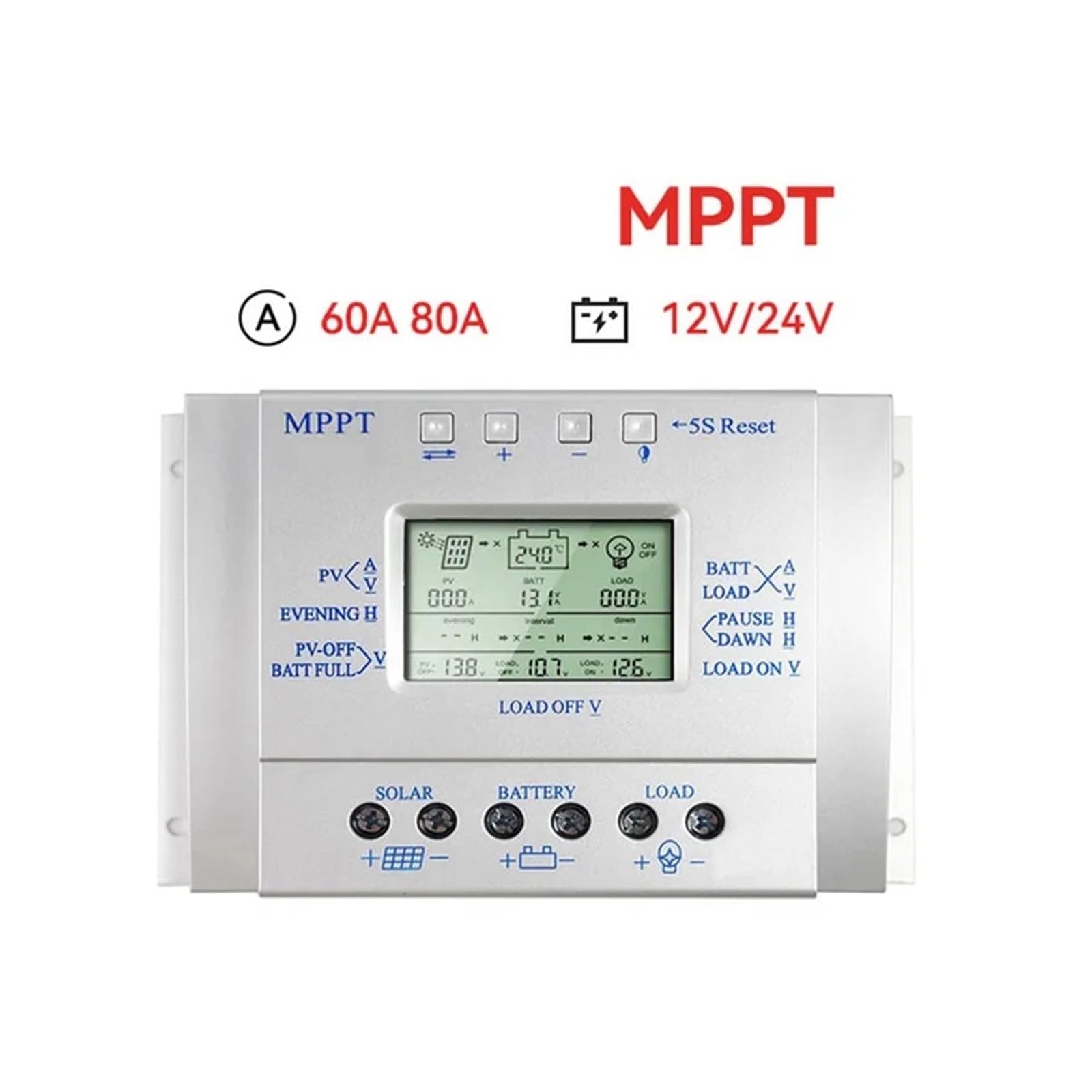 Regolatore di Carica Pannello Solare, Regolatore di Carica Solare MPPT 60A 80A Auto 12V 24V Max 50VDC Regolatore Solare con Ingresso Display LCD Uscita USB 5V 1.5A(60A (L60))
