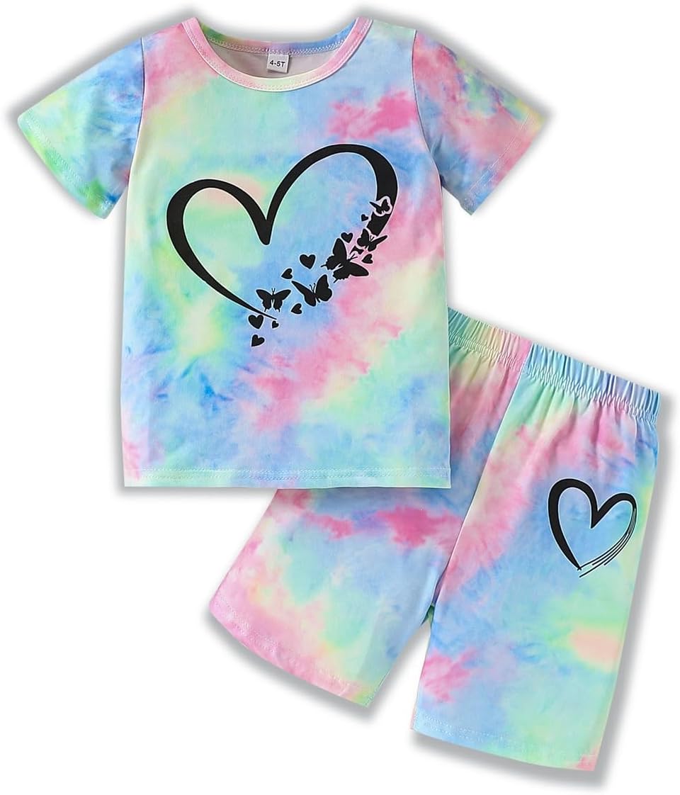 Kids Girl Clothes Tie Dye Heart Print Short Sleeve Top and Shorts Toddler Girl Summer Outfits Short Set