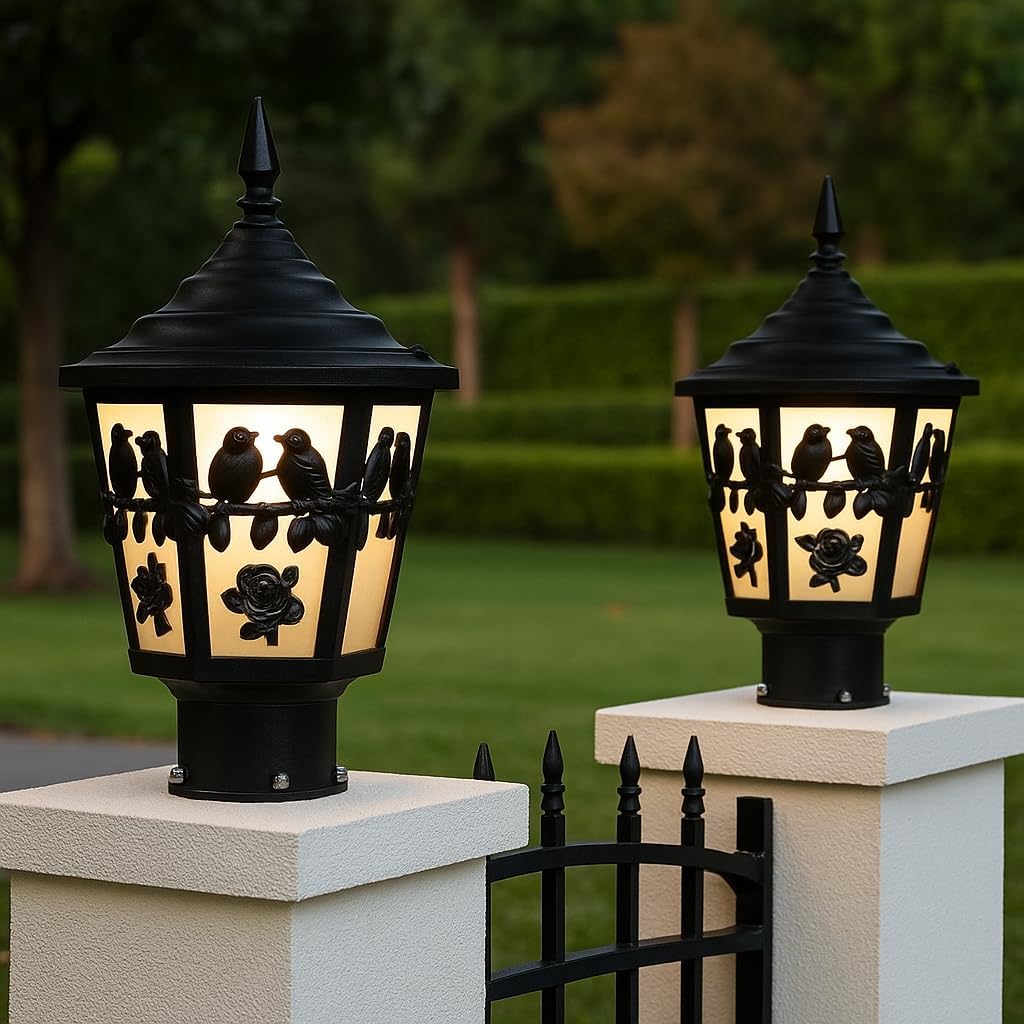 SWIATLO Classic Outdoor Gate Lamp | Black Post Light with Bird Design for Garden & Entrance | Waterproof Gate Lamp for Outoor | Pillar Lights for Outdor for Boundaries (Pack of 2,Without Bulb)-image-1