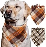 Fall Dog Bandana - Set of 2 Washable Reversible Square Plaid Pet Kerchief Scarf for Halloween