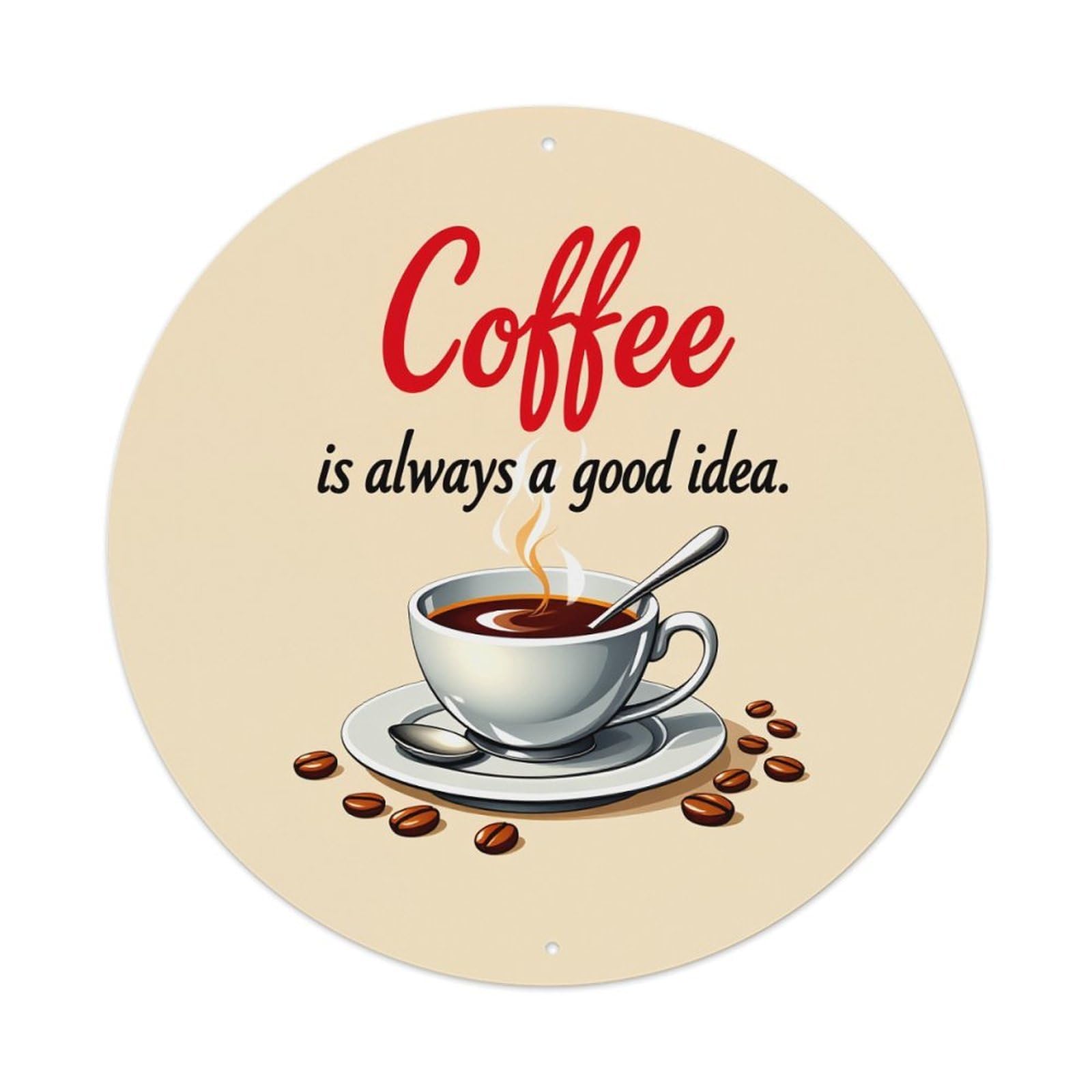 Coffee Cup Steam Beans Spoon Vintage Metal Tin Sign Retro Wall Decor for Home Bar Garage Cafe, Indoor & Outdoor Decorative，circle Metal Poster, 8x8 Inch