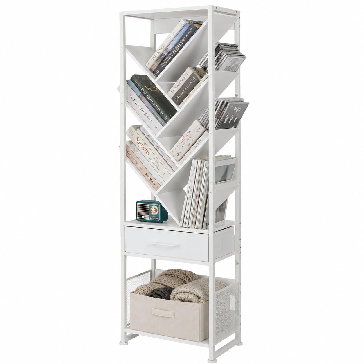 ruboka Tree Bookshelf with Side Table, Tall Bookcase with Storage Cabinet, Floor Standing Modern Narrow Bookshelves Organizer for Bedroom/Living Room/Home Office/Corner (White, 10 Tier)
