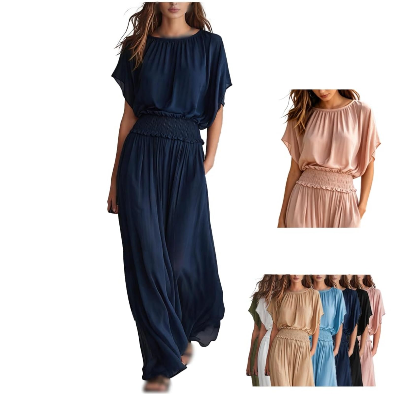 Générique Robe Longue élégante et sophistiquée pour Femme, cintrée à la Taille, froncée, Manches Chauve-Souris, Volants, Taille Haute, Coupe trapèze, Fluide, avec Poches