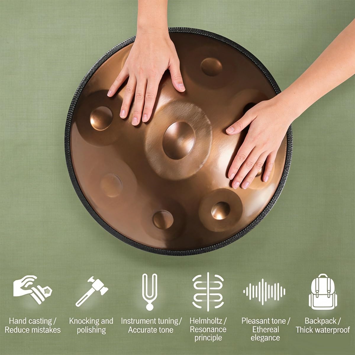 Handpan 22 Pulgadas Tambor de Acero, 9/10/12 Notas 432/440 Hz Tambor de Acero en re Menor para Principiantes para Terapia de Sonido, Meditación Personal, Yoga(Azul,440HZ/10Note)