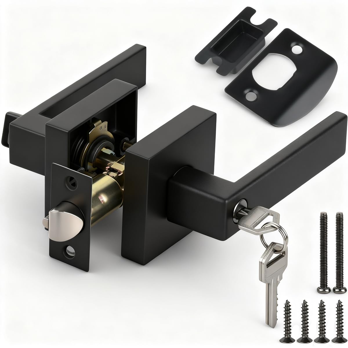 DODUOS Door Lever Handle Lock Black, Door Handles with Lock and Key, Bathroom Door Handles with Locks, Black Door Handle Internal, Square Entry Door Handle for Bedroom Office Left or Right Handing