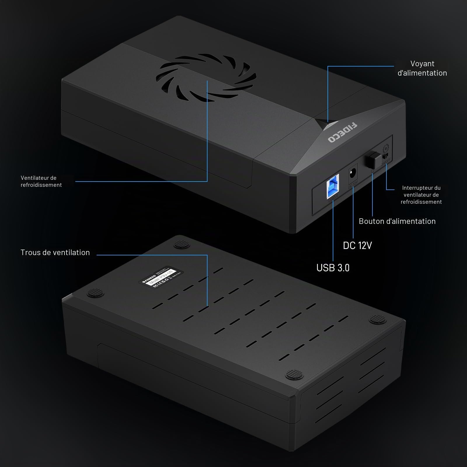 FIDECO Boîtier Externe USB 3.0 vers SATA pour Disque Dur 2,5" ou 3,5" - Station d'Accueil avec Support UASP