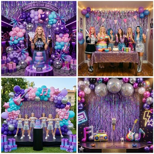 Image of 2 Packs Purple Foil Fringe Curtain, Purple Energy Pattern Glitter Metallic Tinsel Backdrop for Birthday, Baby Shower, Graduation, Bachelorette, Korean Idol Movie Party Decorations Favor Supplies