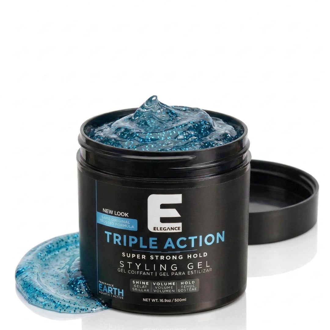 E Elegance Earth Fragance Triple Action Hair Gel - Super Strong Hold, Extreme Volume, Long Lasting Shine - Flake Free, Refresshing Fragrance - Todos los tipos de cabello, 16.9 oz