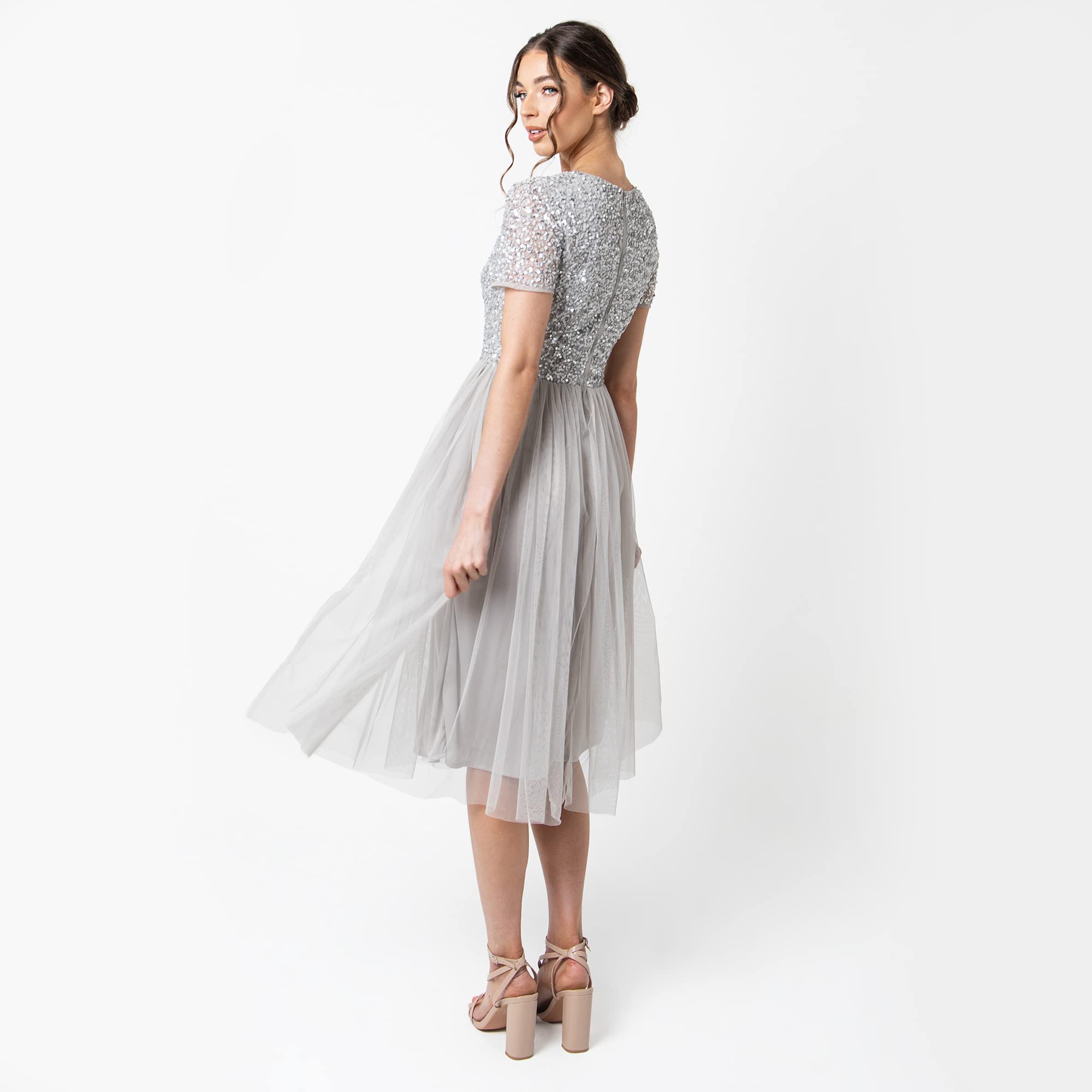 Maya Deluxe Maya Deluxe V Neckline Embellished Midi Dress Vestido de Dama de Honor Mujer