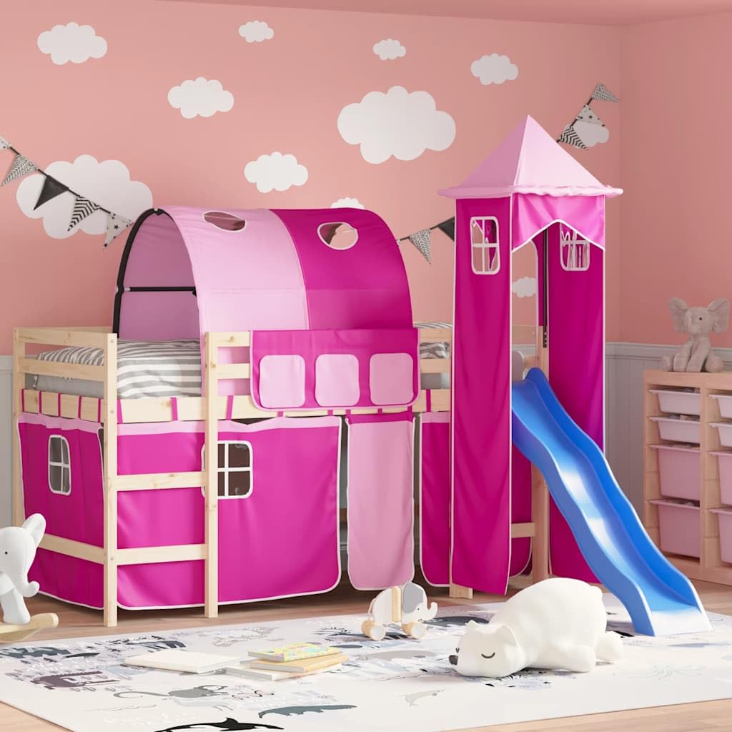 vidaXL Hochbett-Vorhänge für Kinder, Rosa, mit Tunnel und Turm, Verdunkelungsvorhang, Betthimmel, Sichtschutz unter dem Bett, Spielzelt, Kinderzimmer-Dekor