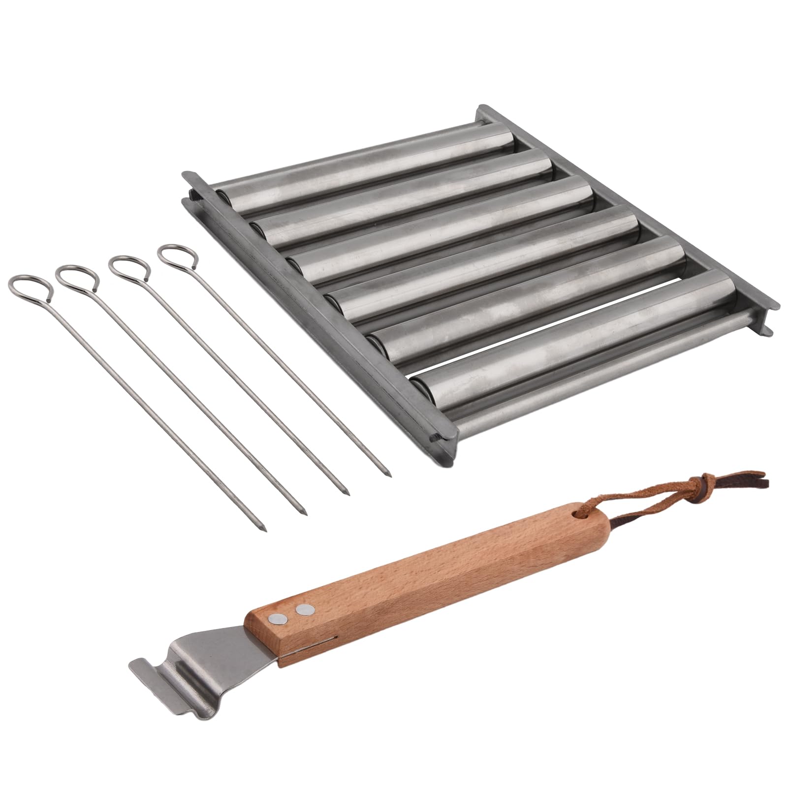 Barbecue Sausage Roller Grill, Stainless Steel Sausage Roller with Extra Long Wood Handle BBQ Hot Dog Roller with 4pcs BBQ Skewers for Grill Evenly Hot Dogs, Sausages, Egg Rolls, Buns