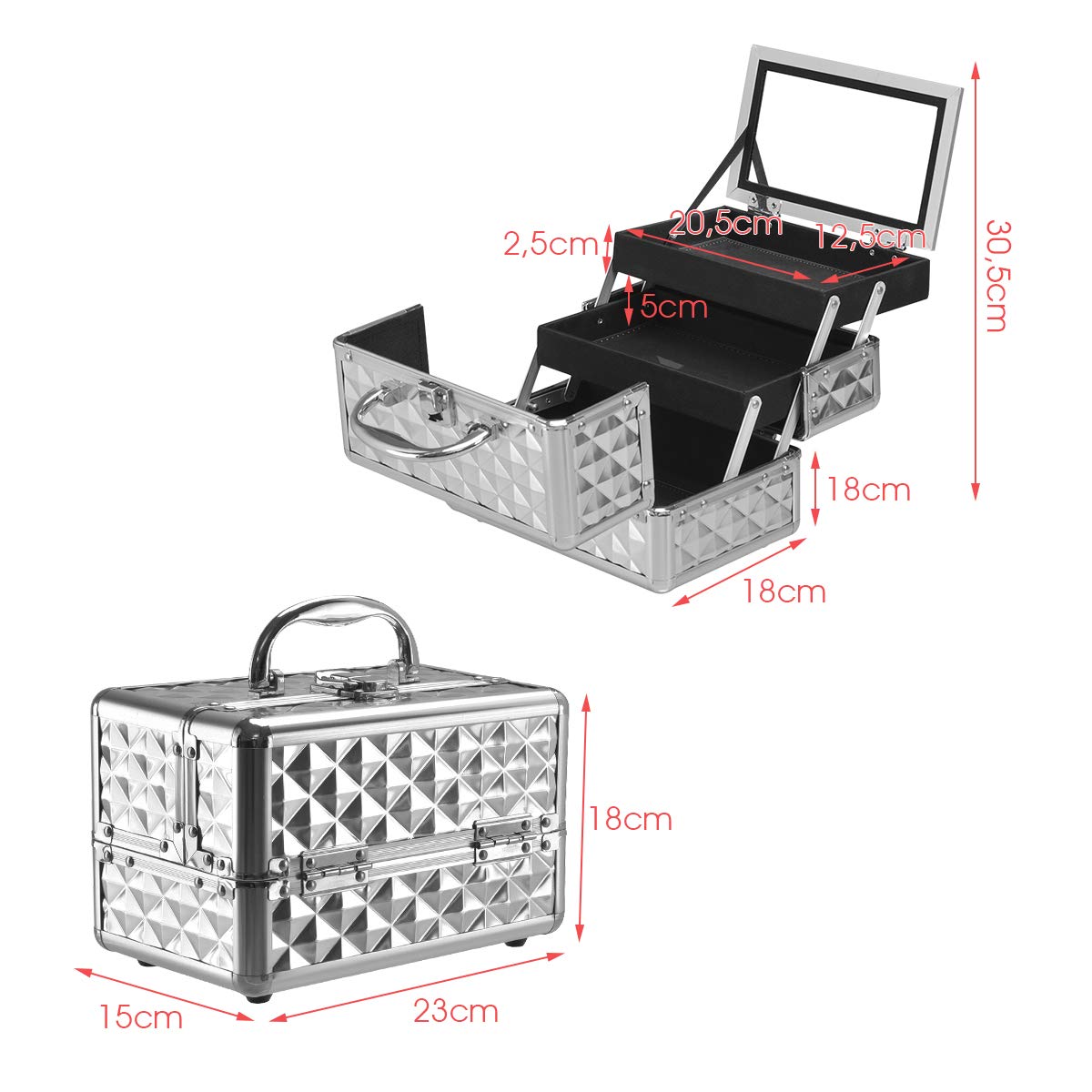 RELAX4LIFE Valigetta Rigida per Trucchi da Viaggio, Mini Valigia Portatile per Cosmetici in ABS e Alluminio, con Specchio, Manico e Chiusura, Design a Tre Strati Pieghevole, 23x15x18cm