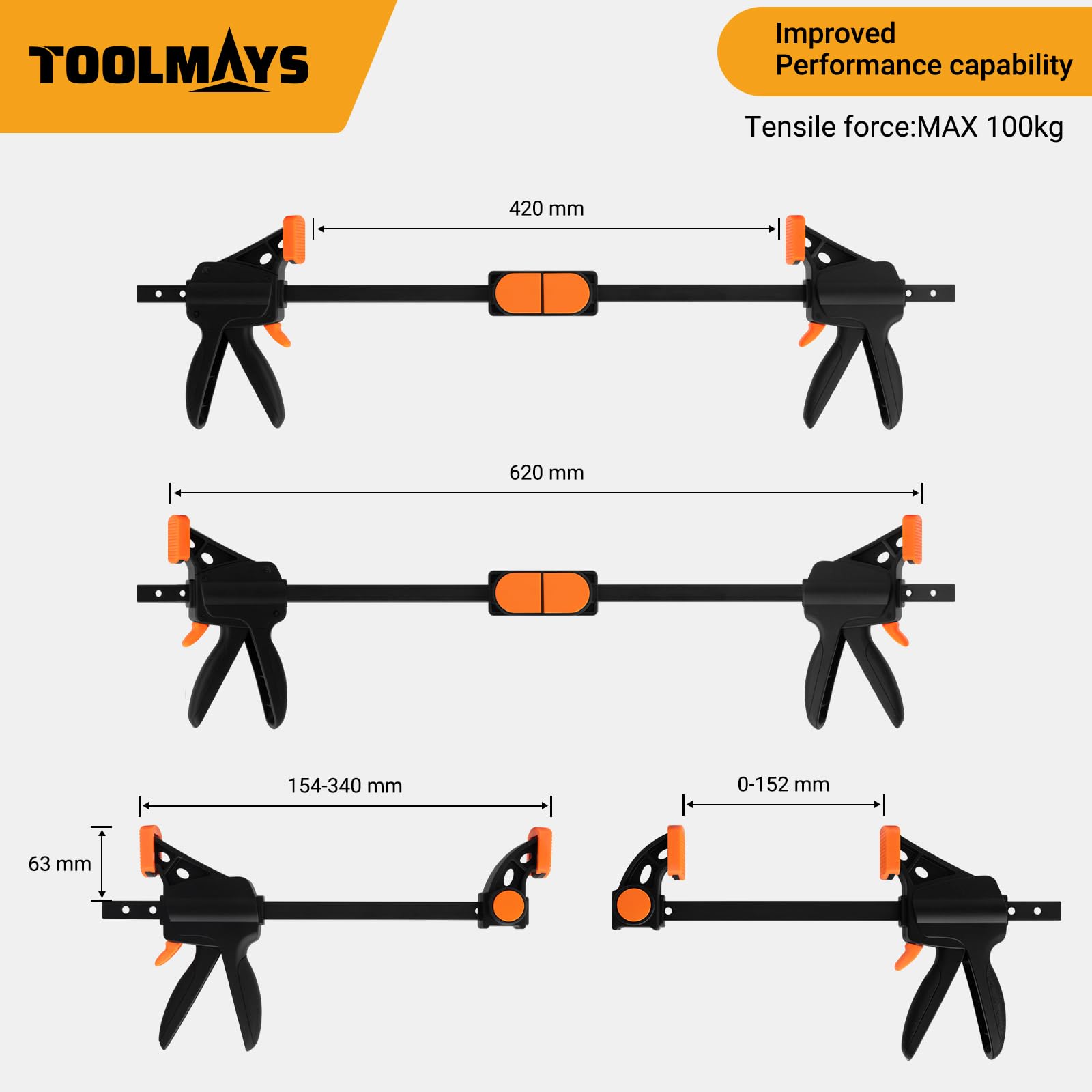 TOOLMAYS 2pcs 150 mm Clamps for Woodwork with Connector Splicable to 620mm as Spreader, 100kg Max Load Wood Clamps Quick Grip - Image 2