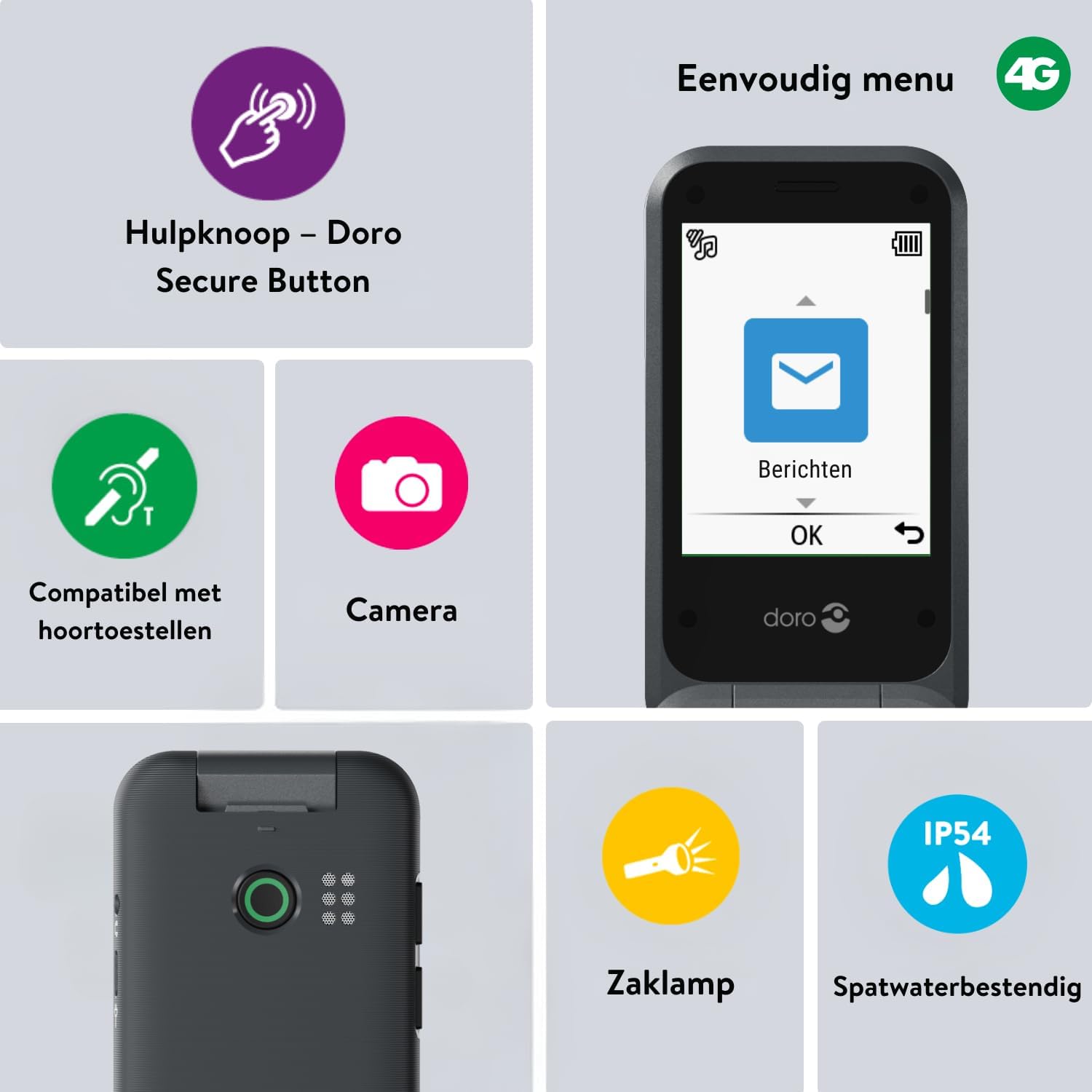 Doro Leva E20 menu screen showing 'Berichten' (Messages) icon, along with icons for assistance button, camera, flashlight, and IP54 rating.