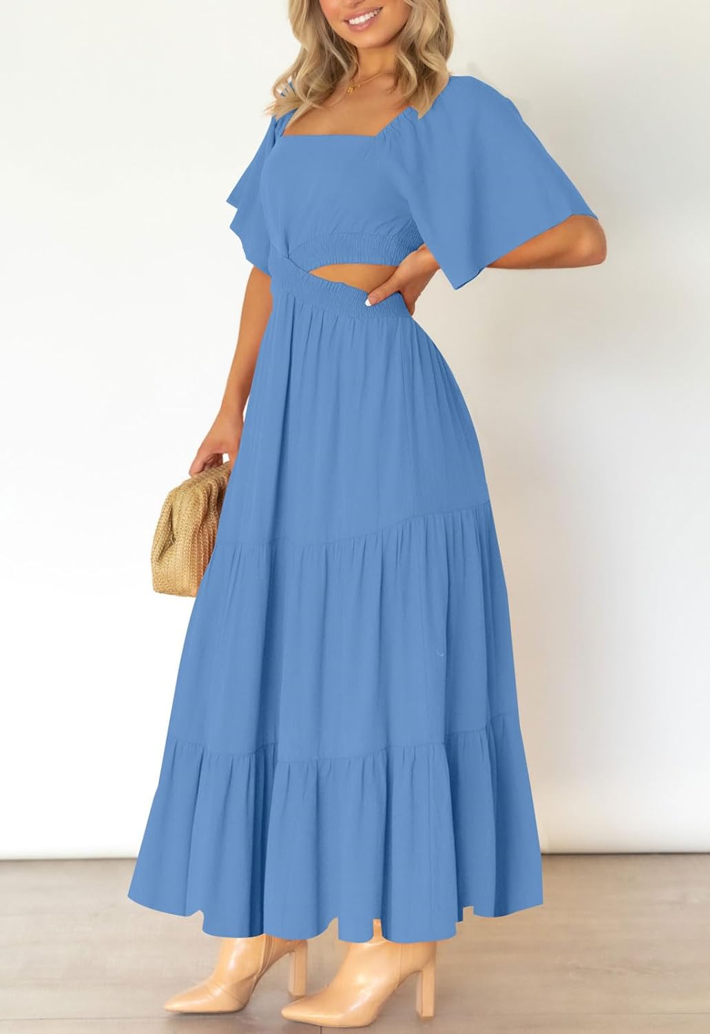 LEANI Women's 2025 Summer Cutout Maxi Dress Square Neck Short Sleeve Crossover Waist Casual Party Dresses - Image 4