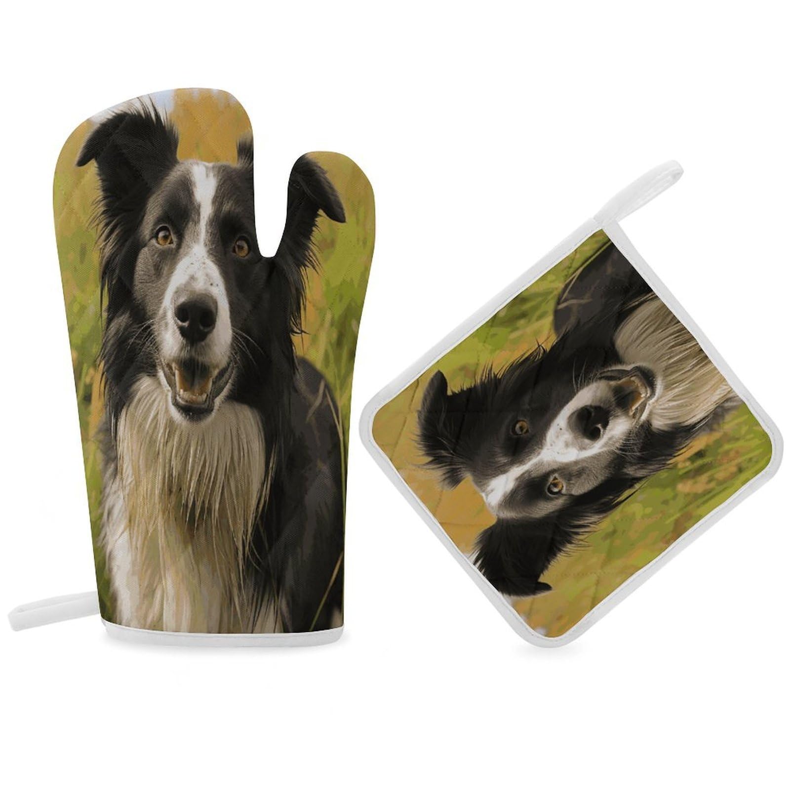 Mohado Border Collie Dog Oven Mitt Thick Substantial Heat Insulation Gloves Soft Skin-Friendly Temperature Resistant Oven Mitts for Cooking Lover Cooks