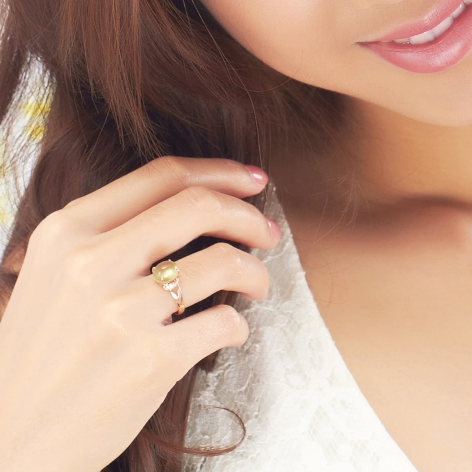 Anillo de oro rosa de 18 quilates, anillos gruesos de prehnita verde de 4 puntas, anillos ovalados de prehnita, regalo de propuesta de joyería para mujeres