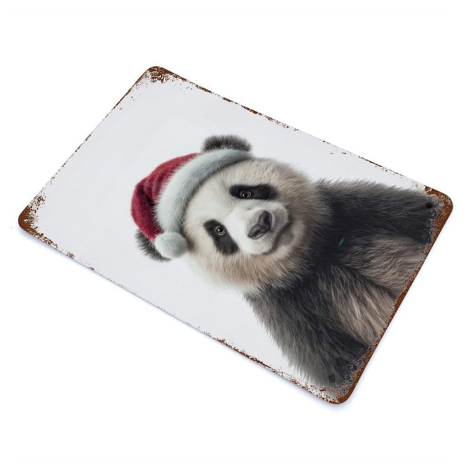Distressed Metal Wall Sign Christmas Panda with Santa Hat Portrait 11.8"x7.9", Vintage Wall Decor for Garage, Bar And Workshop Decor