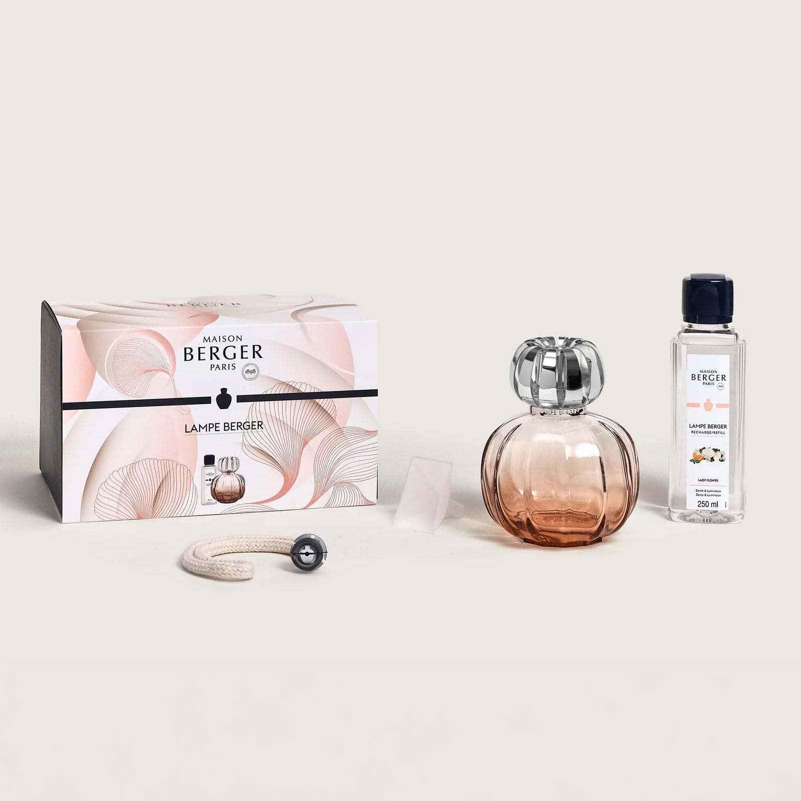 Maison BERGER – Estuche de lámpara Berger CORALI rosa – Lámpara catalítica 2 en 1 que perfuma y ayuda a purificar el aire con recarga de 250 ml/8,45 fl oz Lady Flower – Cristal lacado – Fabricado en