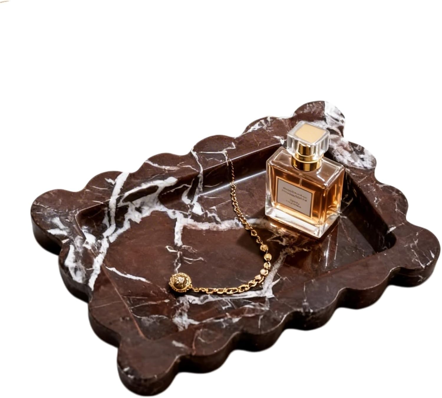 Natural Samll Marble Tray 6.3"x4.7",Rectangle Scalloped Tray for Women Home Décor (Rosa Levanto)