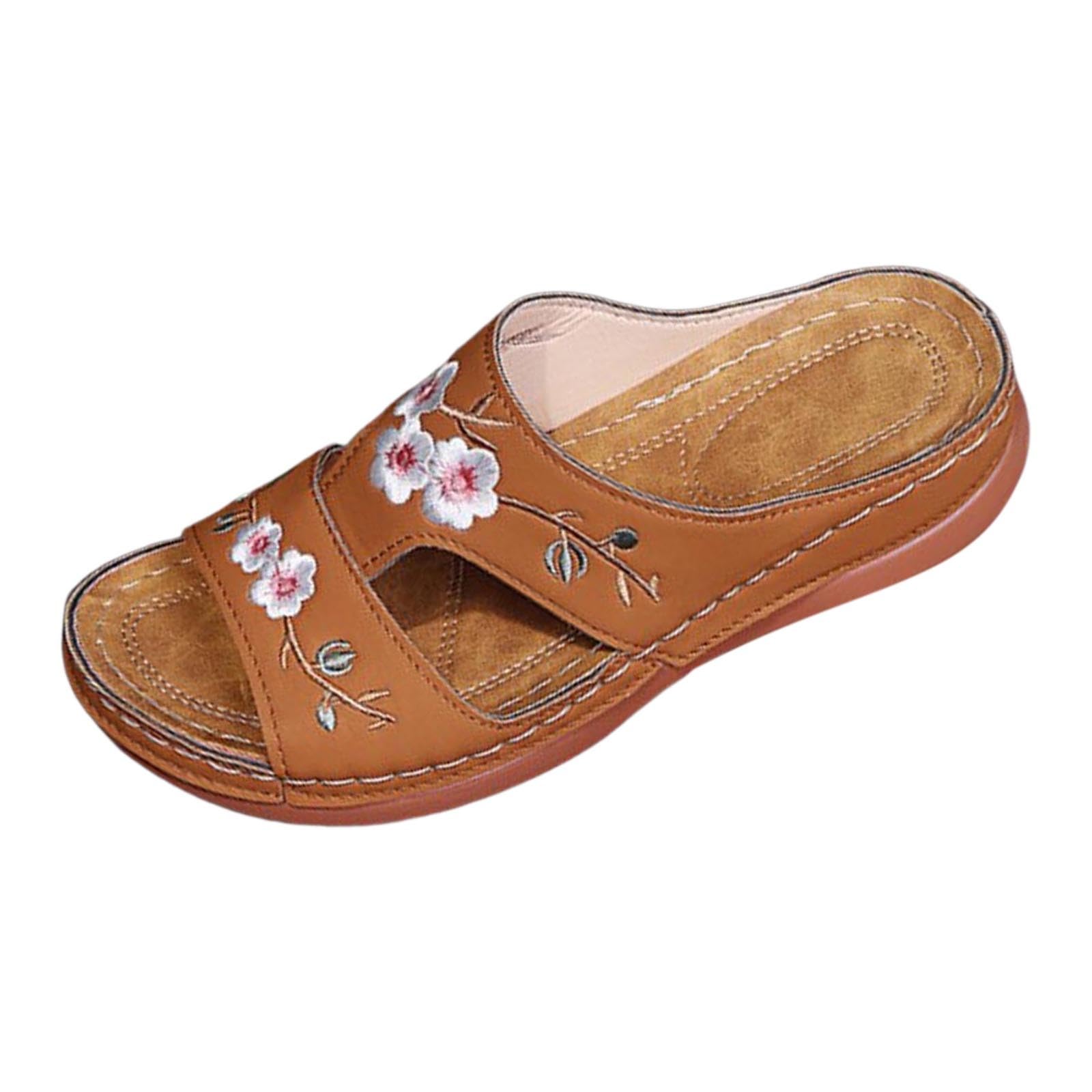 Sandales Orthopédiques Femme Été Confortable Mules en Cuir Mode Bout Ouvert Compensées Plateforme Pantoufles Fleurs Broderie Motif Sandales de Plage Femmes Décontractée Marche Sandale