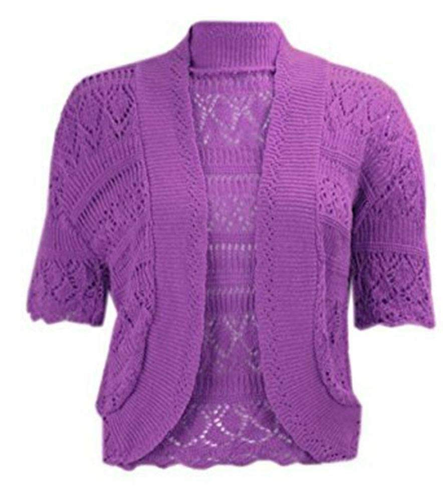 FAIRY BOUTIQUE Womens Plus Size Crochet Knitted Short Sleeve Cardigan Ladies Open Front Shrug Bolero Top Sizes 8-30 (Purple UK 24-26)