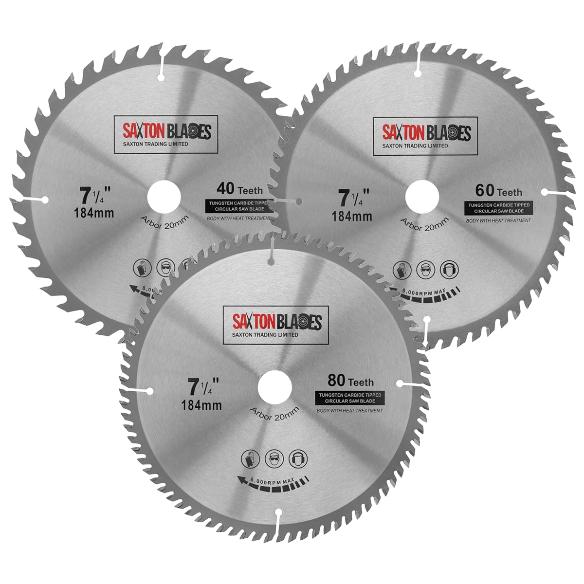 TCT184MXB20B Saxton TCT - Hojas de sierra circular (184 mm x 40, 60 y 80T x 20 mm, anillo de 16 mm)