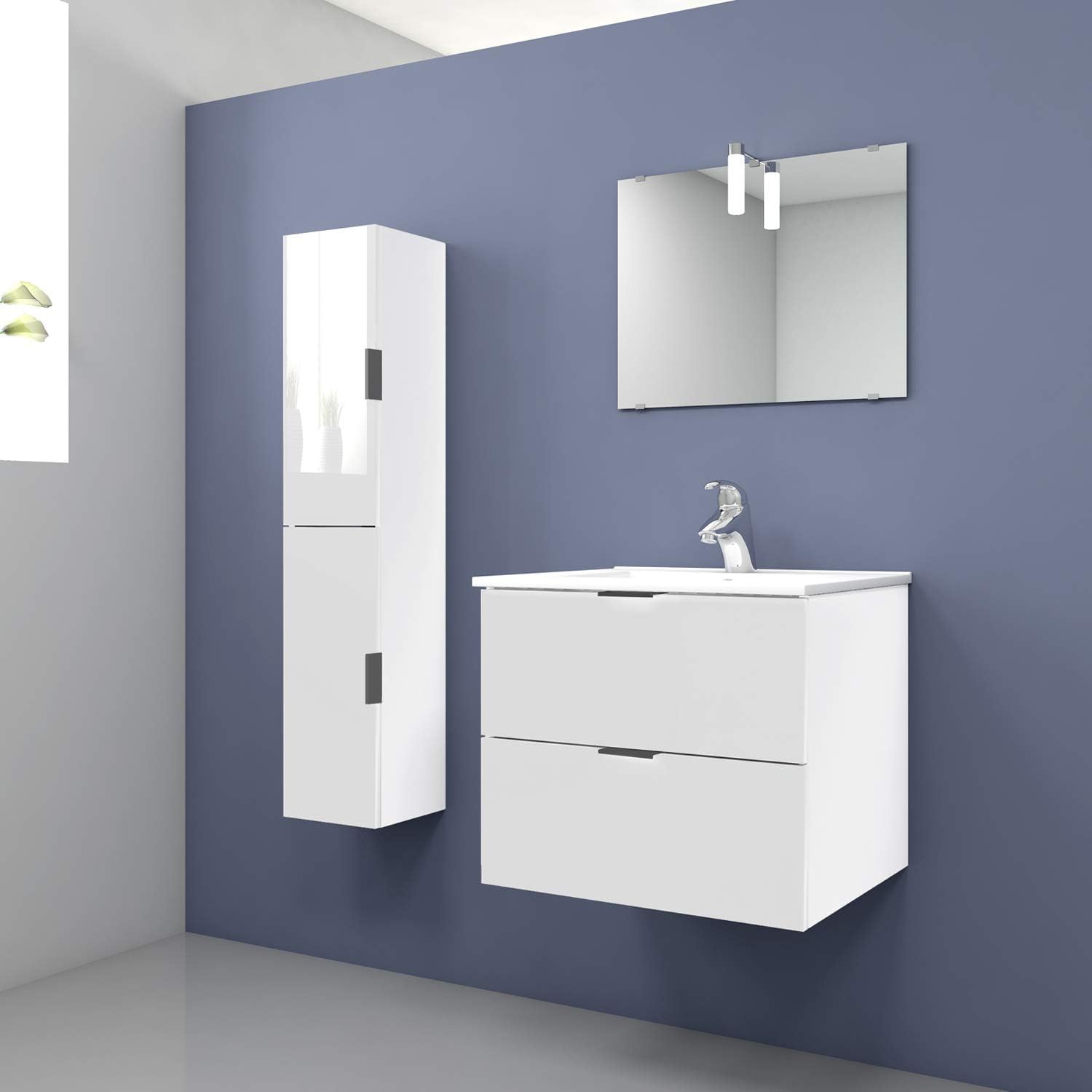 Randalsa Meuble Noube 60 Cm Blanc 60 X 51 X 46 Cm Meuble 2 Tiroirs Vasque En Ceramique Miroir Amazon Fr Cuisine Et Maison