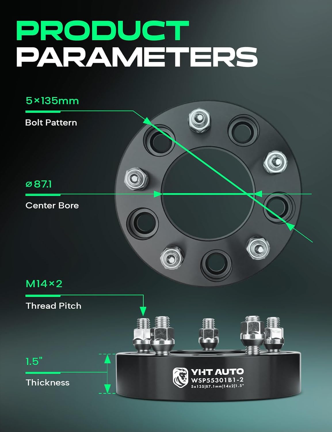 YHTAUTO 5x135mm Wheel Spacers 1.5 Inch Compatible with Ford, Lincoln Models, Expedition, F-150, Blackwood, Navigator, 5 Lug Tire Spacers w/ M14x2 & 12.9 Grade Studs, 87.1mm Center Bore 2PCS Black