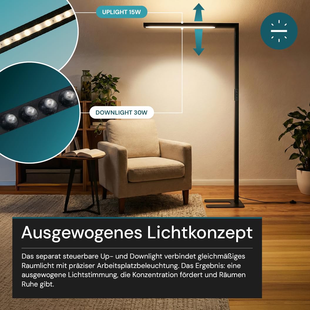 LUXULA Büro Stehleuchte LED Up/Down dimmbar Schwarz - Stehlampe Büro mit Touchsteuerung & Automatikdimmung, 45W 3500lm, 4000K Neutralweiß, UGR<16, CRI 98, Up/Down regelbar, 90° Abstrahlwinkel
