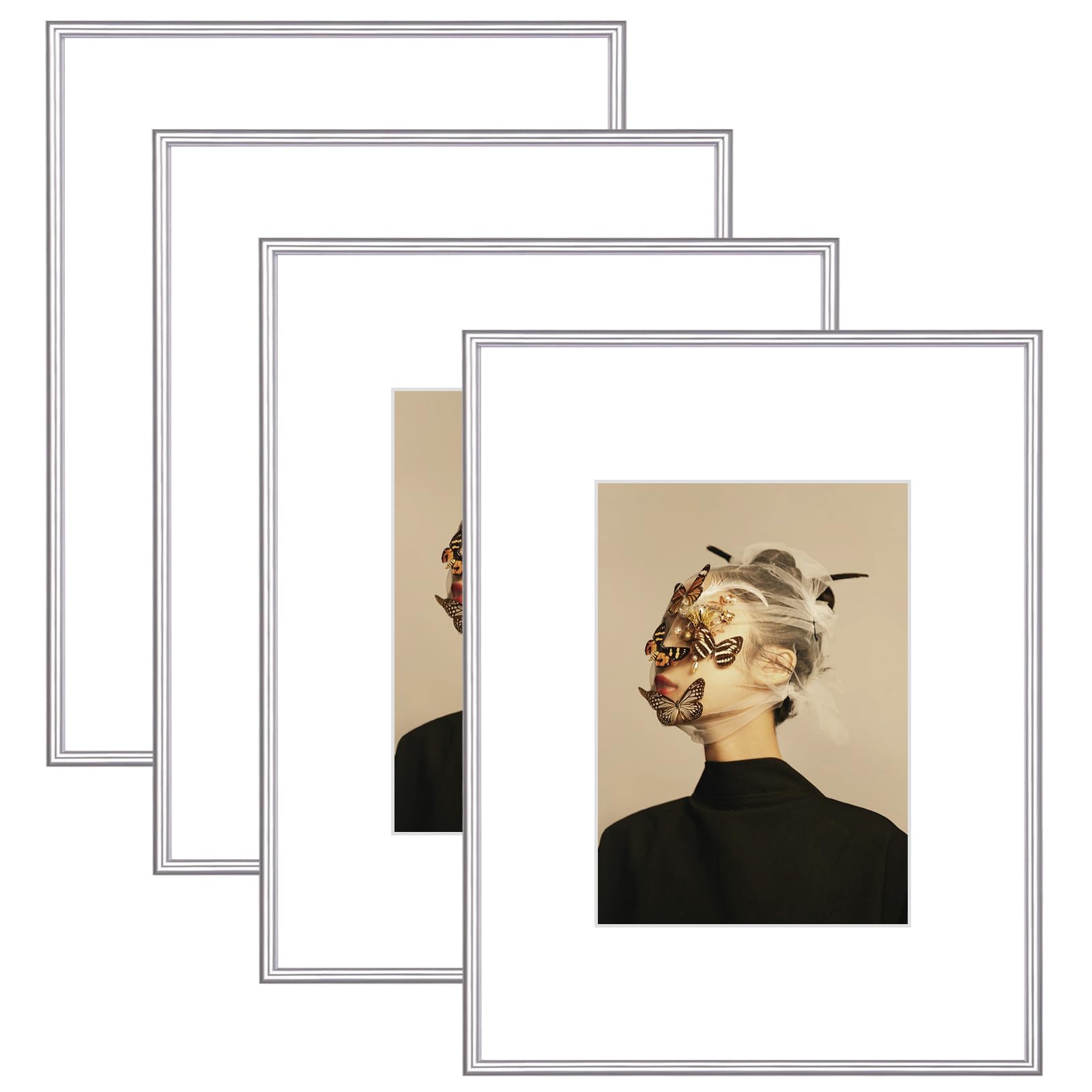 11x14 Picture Frame Set of 4, Matted Silver Simple Modern Brushed Thin Aluminum Metal Photo Frame Fits 8x10 with Mat or 11 x 14 without Mat . Vertical and Horizontal for Tabletop and Wall