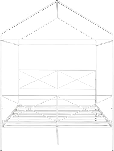 Miniatura 8 de Cama de forma de casa de tamaño Queen, cama de plataforma de cabina de metal con cabecero y estribo para niños adolescentes, no necesita caja de