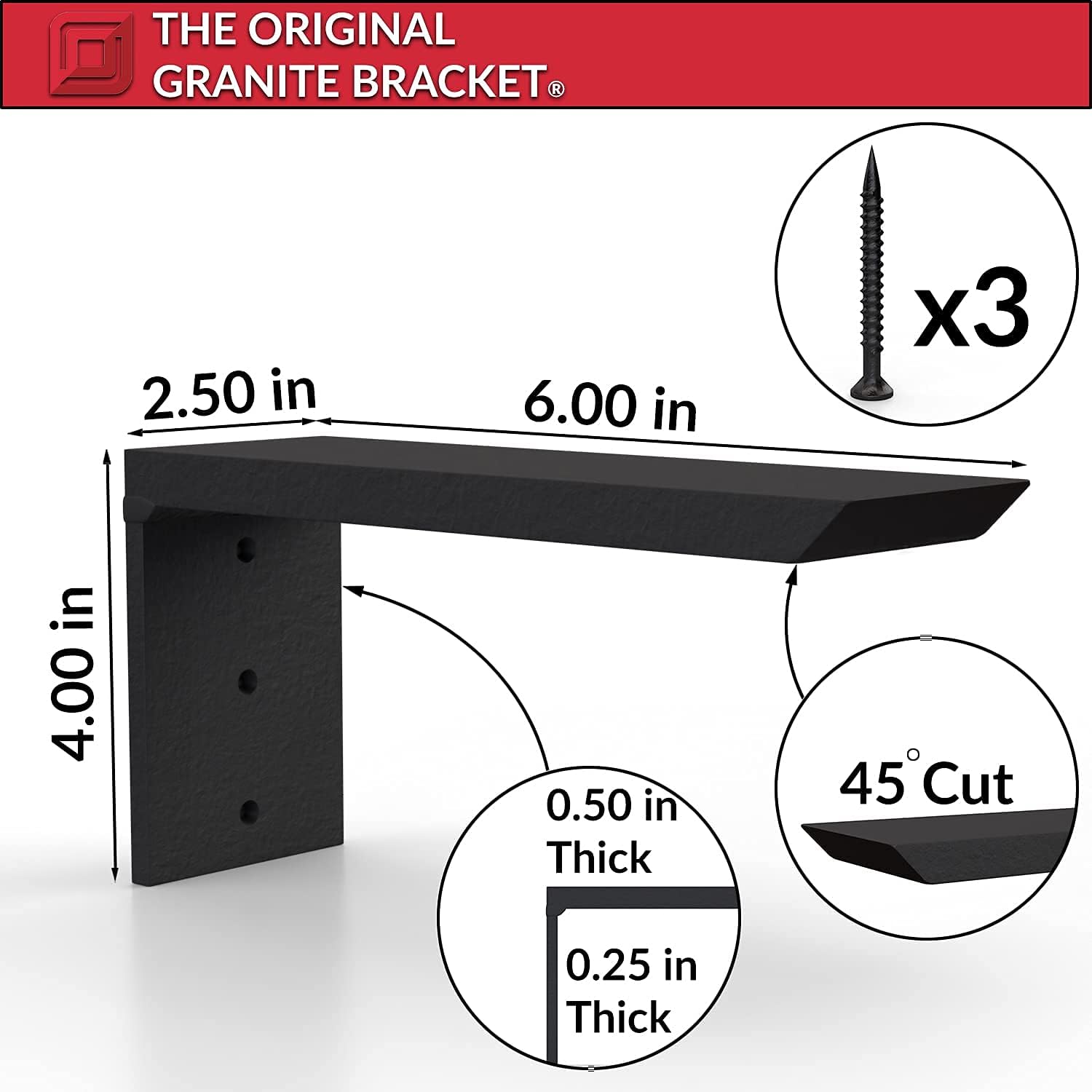 The Original Granite Bracket-Regular Shelf Steel Bracket (6x4)-Easy Installation,Durable and Strong,Floating Bathroom Shelving, Floating Kitchen Shelf, Ideal for Home Projects, Made in USA,1 Count