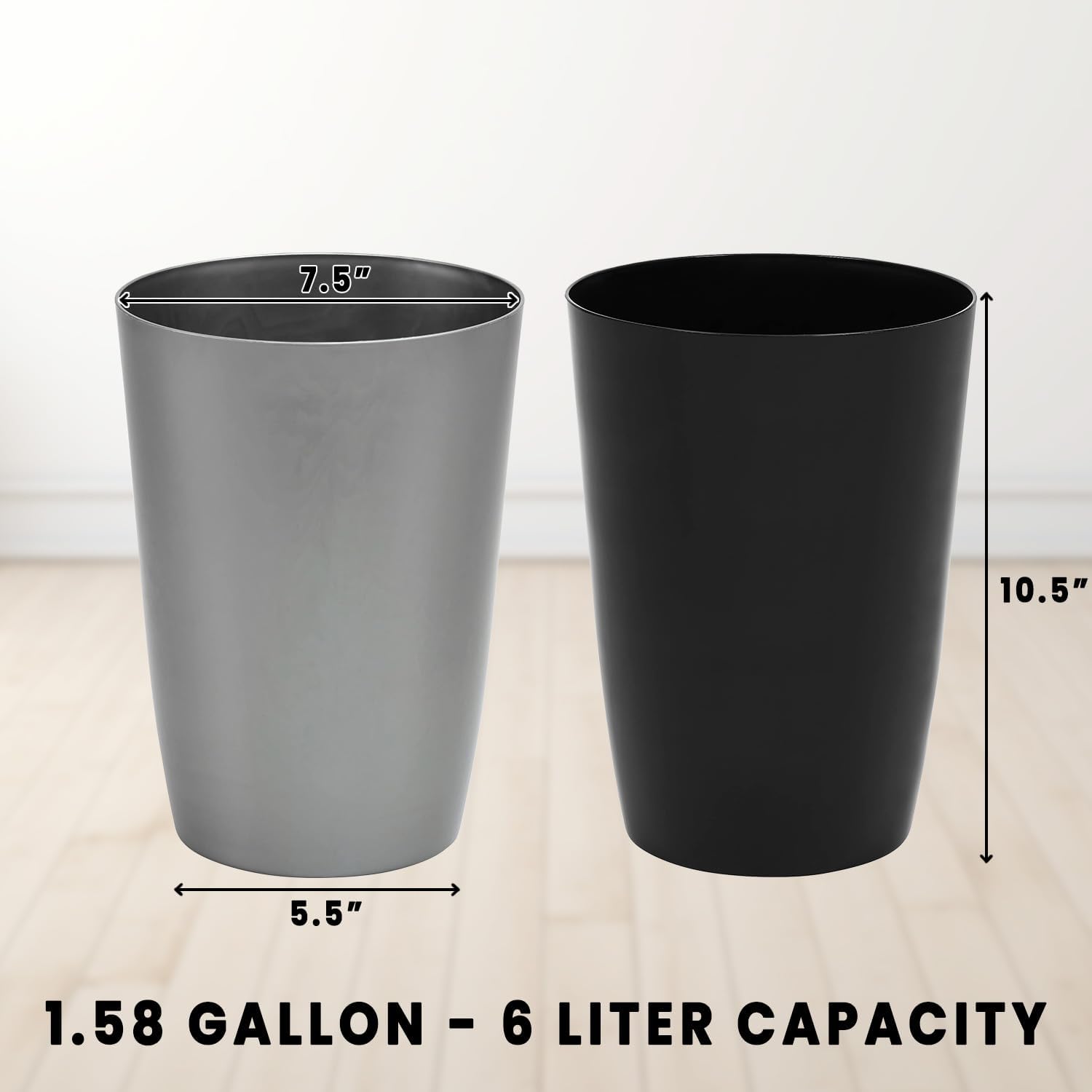 Hold N’ Storage Set of 2 Design Small Trash Can–Open Top Garbage Cans for Kitchen, Office, Dorm, Bathroom, etc.–Waste Can for Compact/Tight Spaces – 10.5” x 7.5” Trash Bin–Glossy Black/Silver Brushed